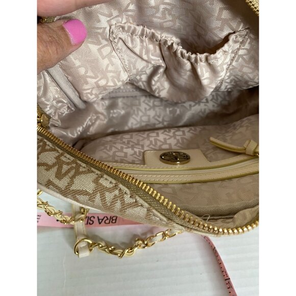 DKNY Signature Logo Beige/Tan Canvas Crossbody Bag with Zipper Closure Office - Picture 9 of 12